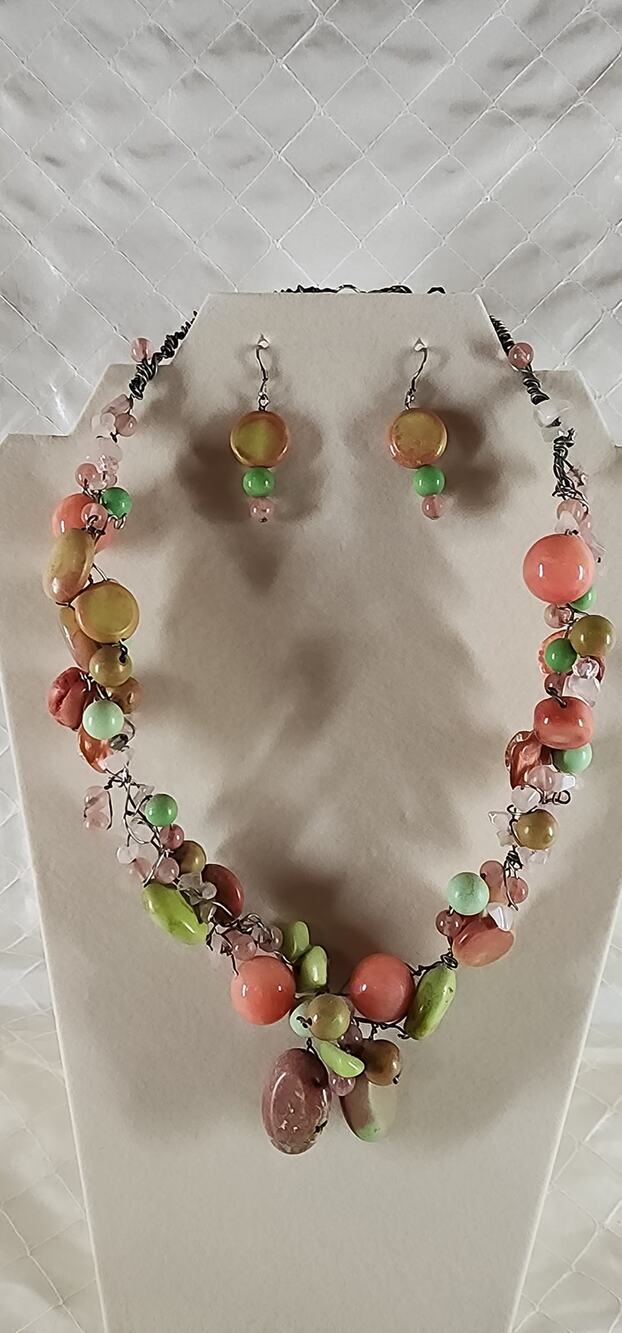 Handmade Artisan Gemstone Beaded Necklace Earring Set Pink Green Wire Wrap 20"